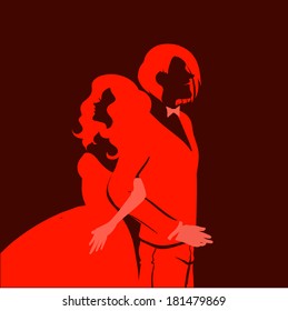 Wedding background with young happy couple. Silhouette, vector, red color