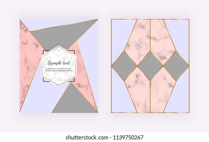 Wedding backgrounds with marble, geometric design, golden lines, pink, grey, blue triangular shaped. Cover for invitation, placard, birthday, brochure, banner, cover, layout, card, flyer.

