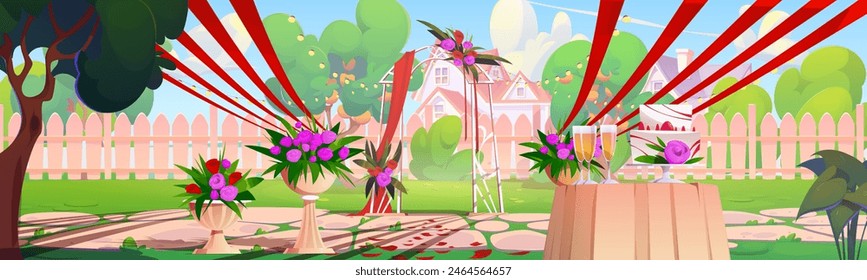 Wedding backyard with fence cartoon landscape. Grass yard scene with ceremony arch. Summer village park with reception area and rose flower for marriage event. Open air party rural design illustration