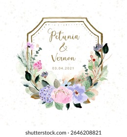 wedding badge with beautiful floral watercolor frame