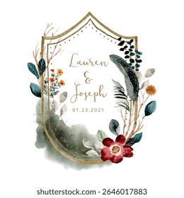 wedding badge with beautiful misty floral watercolor frame