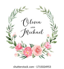 Wedding badge with beautiful watercolor floral wreath