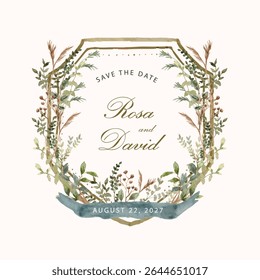 wedding badge green brown leaves watercolor frame