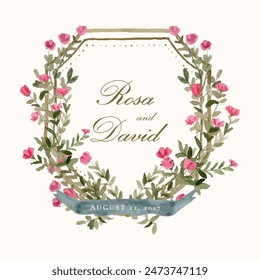 wedding badge pink floral watercolor frame