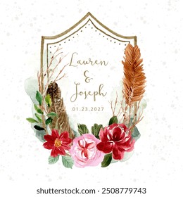 wedding badge with rustic flower and feather watercolor