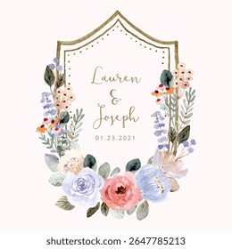 wedding badge with soft floral watercolor frame
