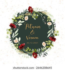 wedding badge with wild floral watercolor frame