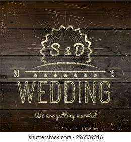 Wedding badges cards and labels, can be used to design wedding cards, presentations, invitations on wooden background texture