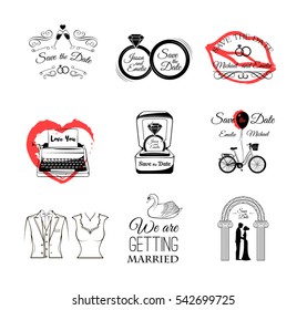 Wedding badges and labels set. Design elements and decoration. Vector illustration