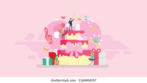 The Wedding Band Tiny People Character Concept Vector Illustration, Suitable For Wallpaper, Banner, Background, Card, Book Illustration, And Web Landing Page