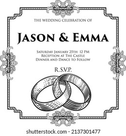 Wedding bands or rings intertwined in a retro etching woodcut style invite card background frame. 