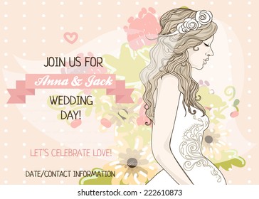 wedding banner with beautiful bride, vector illustration