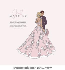 Wedding banner design template. Cute young married couple fashion beautiful bride with bouquet and handsome groom in stylish suit. Hand drawn vector illustration