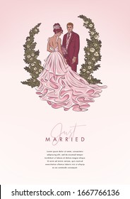 Wedding banner design template. Cute young married couple fashion beautiful bride with bouquet and handsome groom in stylish suit. Hand drawn vector illustration