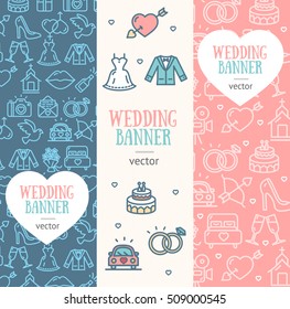 Wedding Banner Flyer Vertical Set Thin Line Pixel Perfect Art. Material Design. Vector illustration for web site, coupon, voucher, placard. Flat design