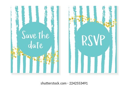 Wedding Banner. Holiday Illustration. White Frame. Stripe Retro Design. Mint Branding Particles. Decorative Painting Set. Golden Splatter Effect. Turquoise Wedding Banner