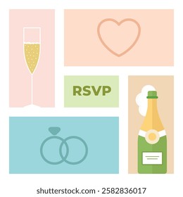 Wedding banner with iconic flat illustrations over colorful rectangular shapes. Clean vector design with bottle and glass of Champagne, two rings logo concept, big heart and RSVP central text.