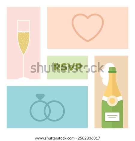 Wedding banner with iconic flat illustrations over colorful rectangular shapes. Clean vector design with bottle and glass of Champagne, two rings logo concept, big heart and RSVP central text.