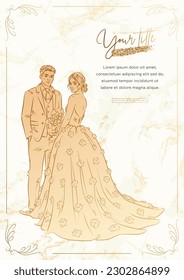 Wedding banner, poster, cover, invitation or greeting card template with hand drawn couple and golden elements on marble background. Vector illustration of bride and groom
