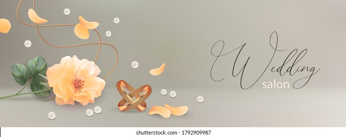 Wedding banner with a rose, gold wedding rings and flying petals