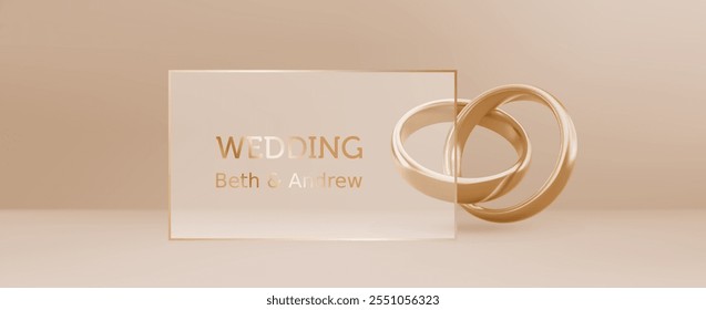 Wedding banner template with golden engagement rings on beige background. Vector realistic illustration of invitation template for anniversary party or marriage ceremony, transparent frame for text