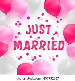 Wedding banner. White and pink realistic balloons isolated on white background with rose petals. Vector illustration.