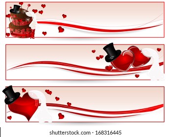 Wedding banners with red hearts, cylinders and veils