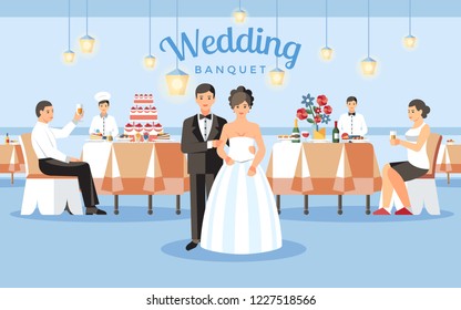 Wedding Banquet Concept. Newlyweds and Restaurant Interior in Background. Catering Service and Event Order. Food Service Business. Groom, Bride, Guests and Professional Staff. Vector Flat Illustration