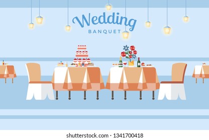 Wedding Banquet Hall Flat Vector Illustration. Tables With Desserts And Flowers. Festive Occasion Lettering. Restaurant Hall Interior. Catering For Wedding Party Banner, Poster Design Element