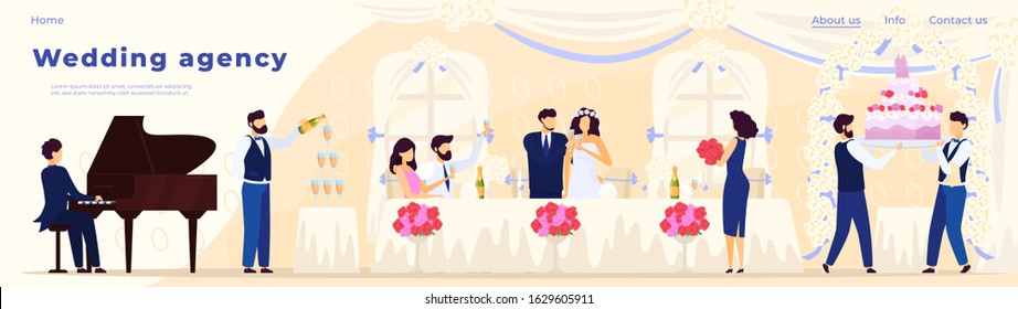 Wedding banquet in restaurant, catering agency website design, vector illustration. Romantic couple celebrating wedding, happy bride and groom at table with guests. Catering service for banquet event