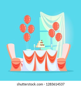 Wedding or banquet table with cream cake and champagne vector. Balloons and festive tablecloth, plates and glassware, window with curtain, furniture
