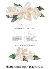 Wedding Bar Menu Template With Tender Flowers And Leaves. Decorative Elegant Botanical Frame Ceremony Design. Yellow Rose Marriage Vector Card.