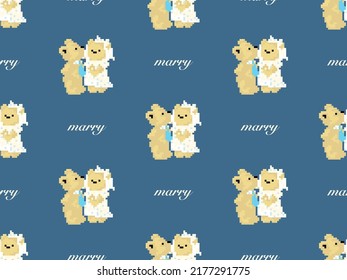 Wedding bear cartoon character seamless pattern on blue background. Pixel style
