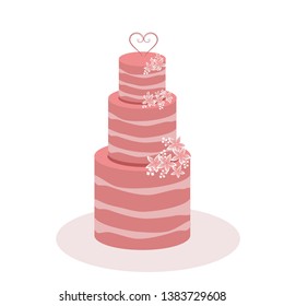 
Wedding beautiful cake three-tiered pink with flowers and hearts for the crowded newlyweds