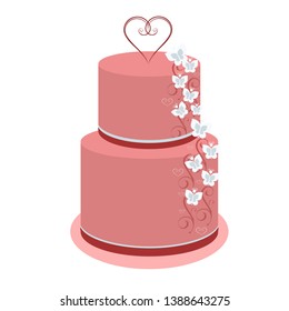 
Wedding beautiful cake three-tiered pink with butterflies and hearts for the crowded newlyweds