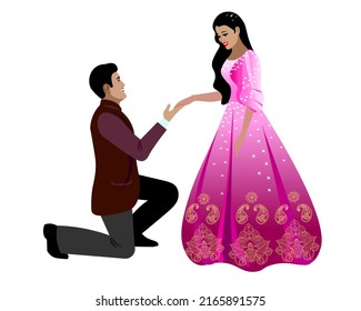 Boda de una hermosa pareja india Groom arrodillada frente a la novia sosteniendo su mano Vector