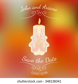 Wedding beige burning candle with two rings and rose over abstract colorful blurred vector background. Element for wedding designs, website, logo, and other. Greeting card template, Save the Date.