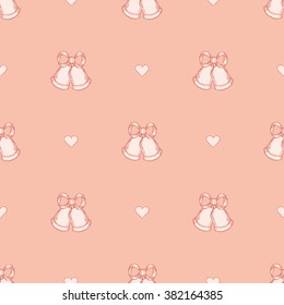 Wedding Bells And Hearts Seamless Pattern. Design Element For Wedding Greeting Card, Valentines Day Invitation, Honeymoon Postcard. Vintage Style, Hand Drawn Pen And Ink