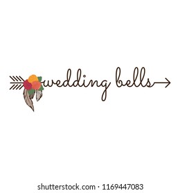 wedding bells, typography as a part of arrow with feathers and colorful roses