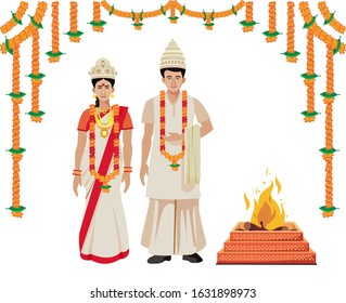 wedding bengali couple in traditional dress with hawan vector illustration