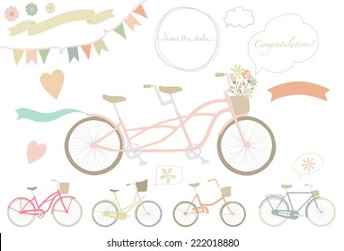 Wedding bicycle. Set of wedding invitation vintage design elements.