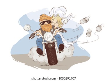 Wedding bikers / Vector illustration, postcard -- just married on a motorcycle