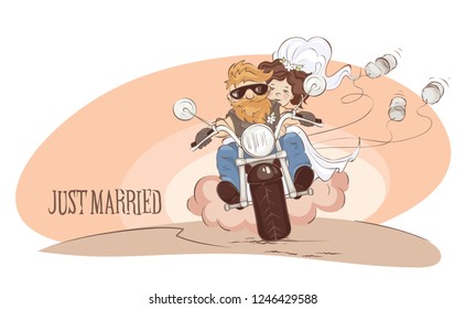 Wedding bikers / Vector illustration, postcard -- just married on a motorcycle
