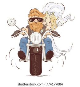 Wedding bikers / Vector illustration, postcard -- just married on a motorcycle