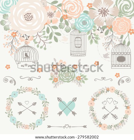 Wedding Bird Cage Wreath Mint Flower Stock Vektorgrafik Lizenzfrei