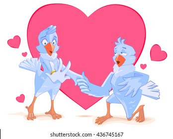 Wedding bird engagement. Dove offers his heart. Template  invitation