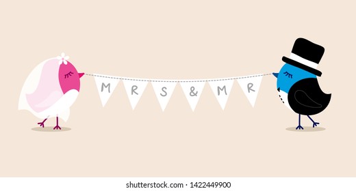 Wedding Birds Bride And Groom Holding Bunting MRS MR