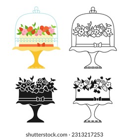 Wedding or Birthday cake decorated flowers and berries. Cartoon celebration dessert symbol, stamp, line doodle design set. Party delicious cupcake sweet bakery. Holiday cake decoration pastries vector