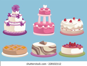 Wedding and birthday Cake and pie cartoon icon set 