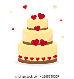 Wedding or birthday cake with sweet hearts. Festive sweet dessert or bakery. Vector illustration isolated on white background.